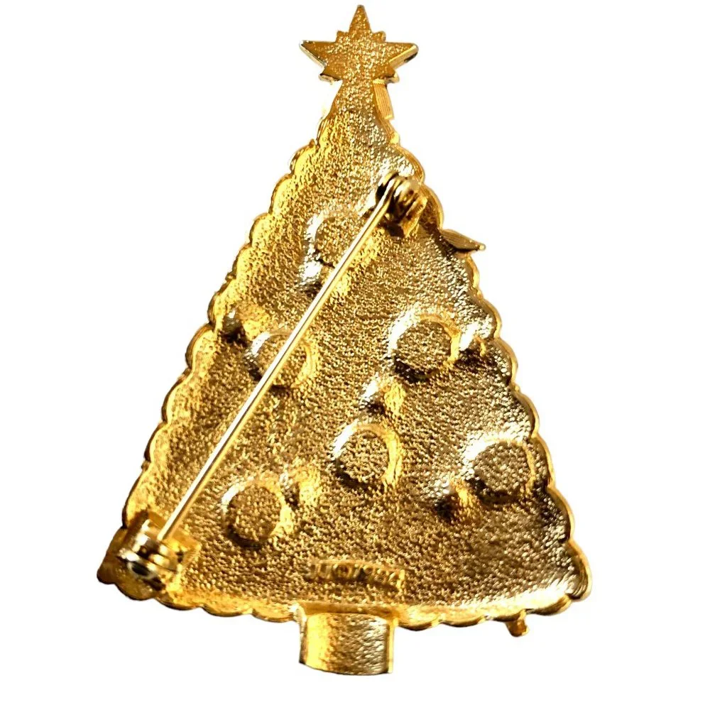 JJ 1986 Christmas Tree Brooch Pin Rhinestones Star Gold Tone Signed